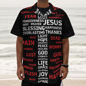 Christian Cross Religious Words Print Textured Short Sleeve Shirt