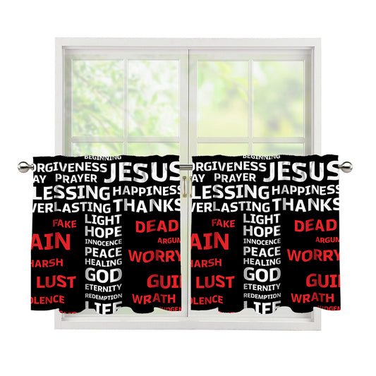 Christian Cross Religious Words Print Tier Curtains