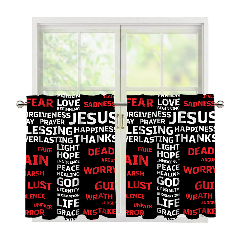 Christian Cross Religious Words Print Tier Curtains