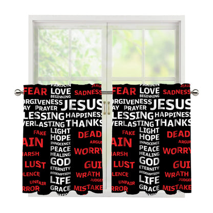 Christian Cross Religious Words Print Tier Curtains