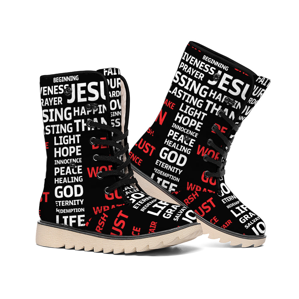 Christian Cross Religious Words Print Winter Boots