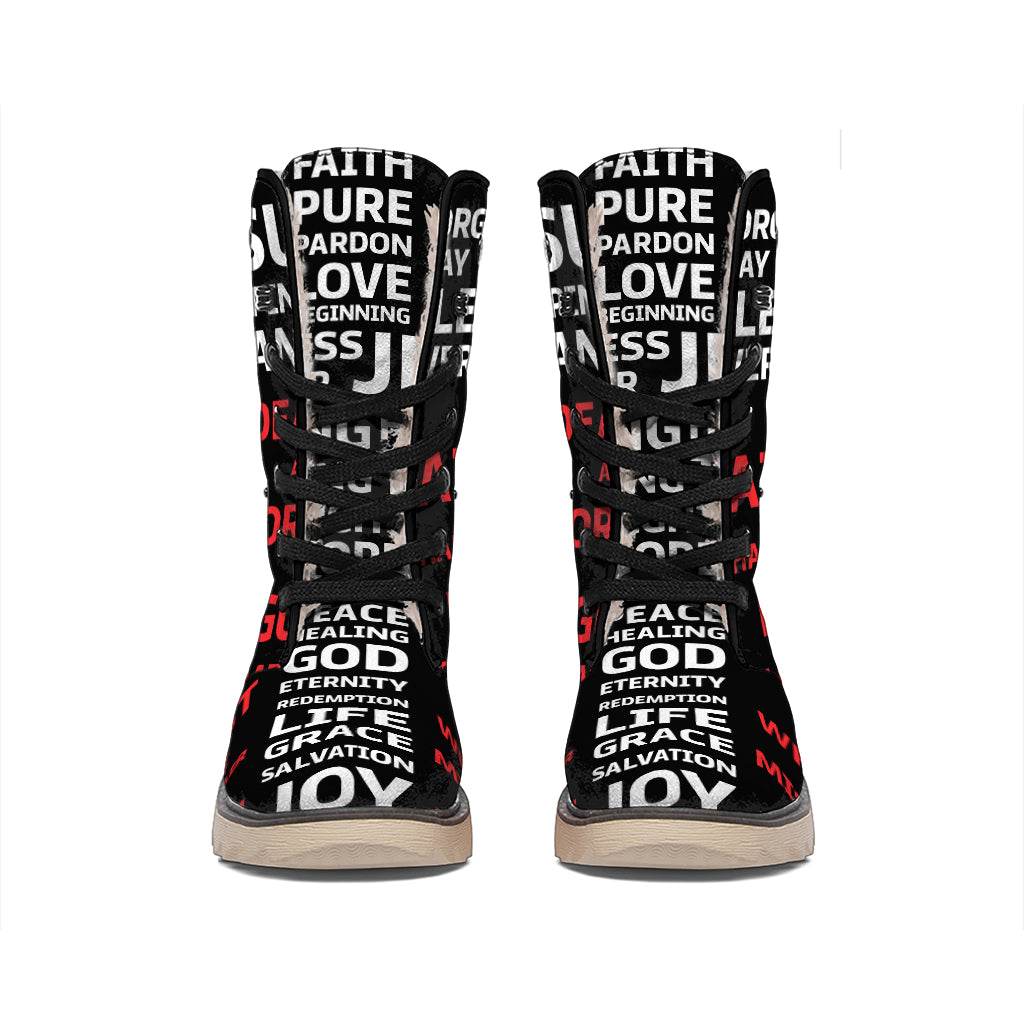 Christian Cross Religious Words Print Winter Boots