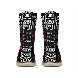 Christian Cross Religious Words Print Winter Boots