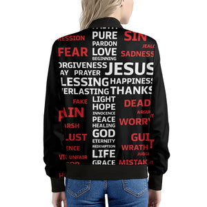 Christian Cross Religious Words Print Women's Bomber Jacket