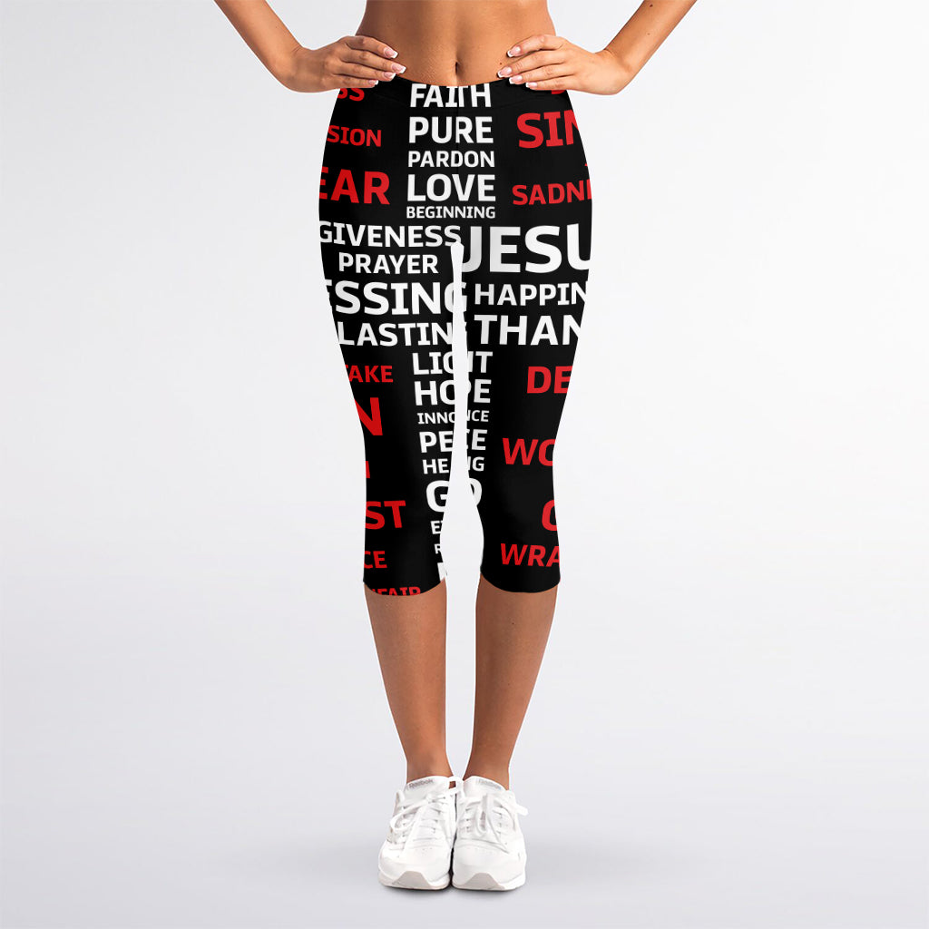 Christian Cross Religious Words Print Women's Capri Leggings
