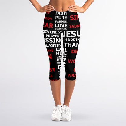Christian Cross Religious Words Print Women's Capri Leggings