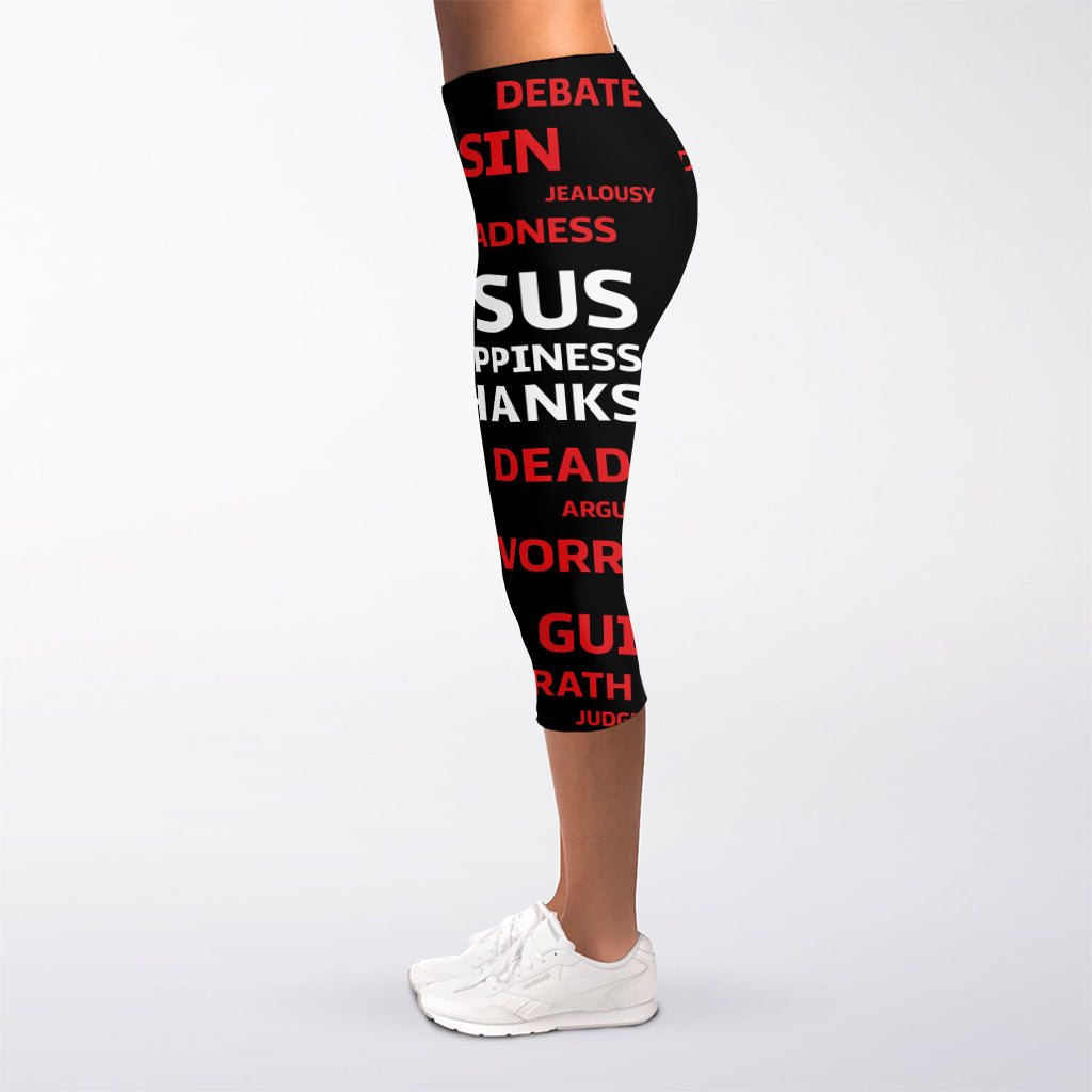 Christian Cross Religious Words Print Women's Capri Leggings