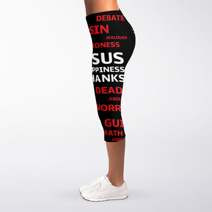 Christian Cross Religious Words Print Women's Capri Leggings