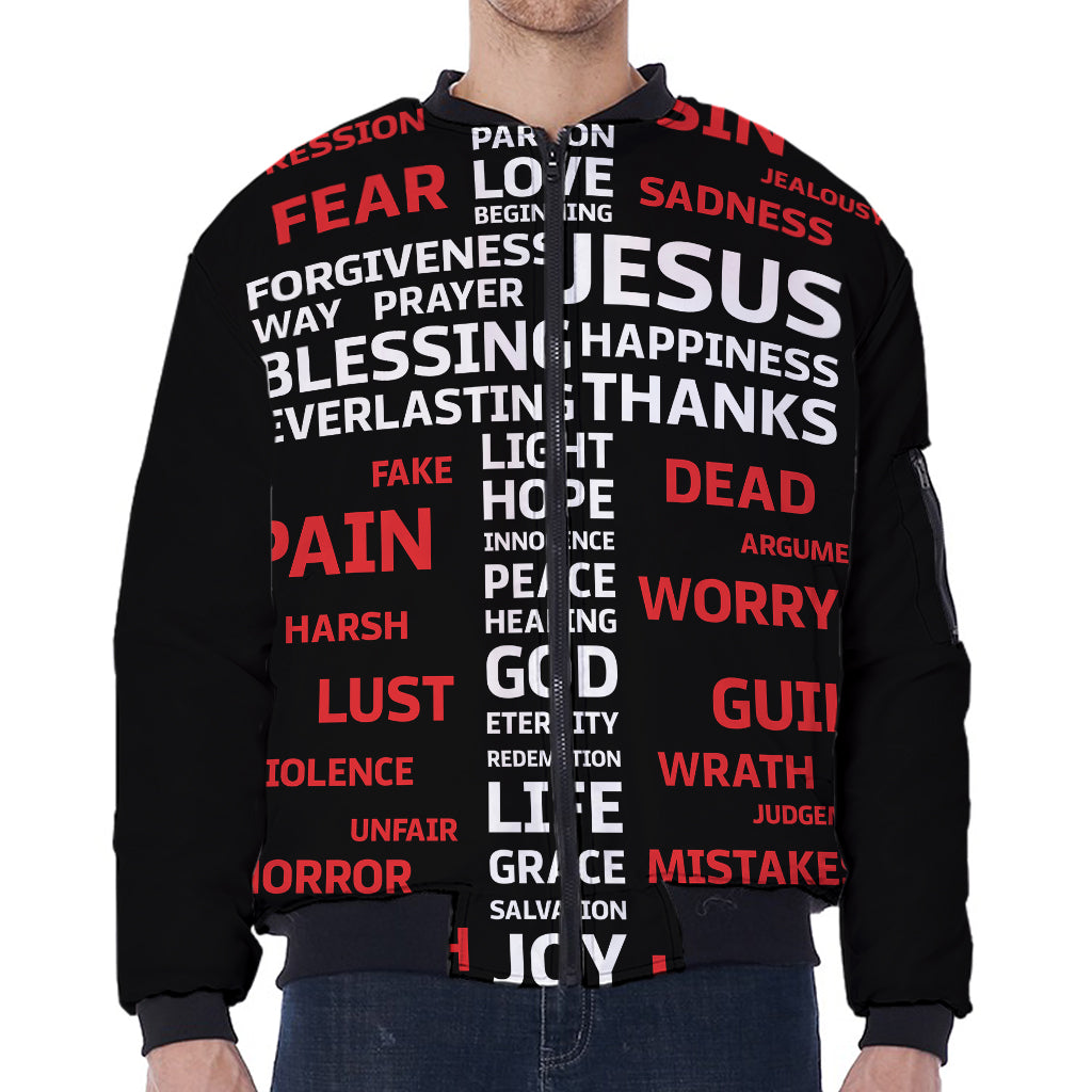 Christian Cross Religious Words Print Zip Sleeve Bomber Jacket