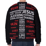 Christian Cross Religious Words Print Zip Sleeve Bomber Jacket