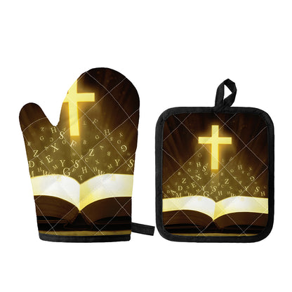Christian Holy Bible Print Oven Mitt And Pot Holder Set