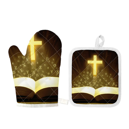 Christian Holy Bible Print Oven Mitt And Pot Holder Set