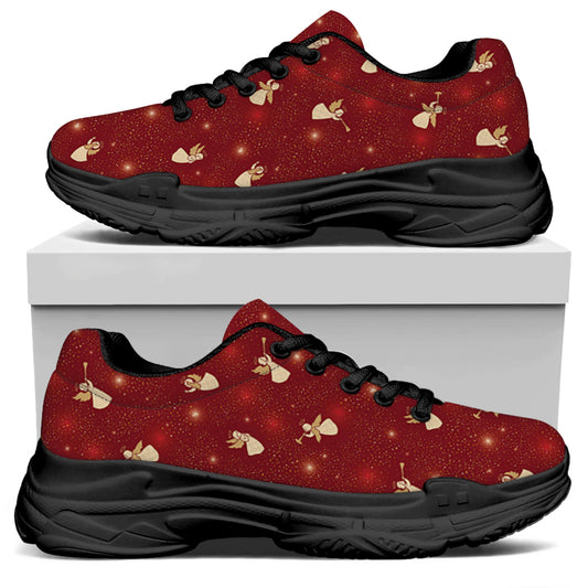 Christmas Angel Pattern Print Black Chunky Shoes