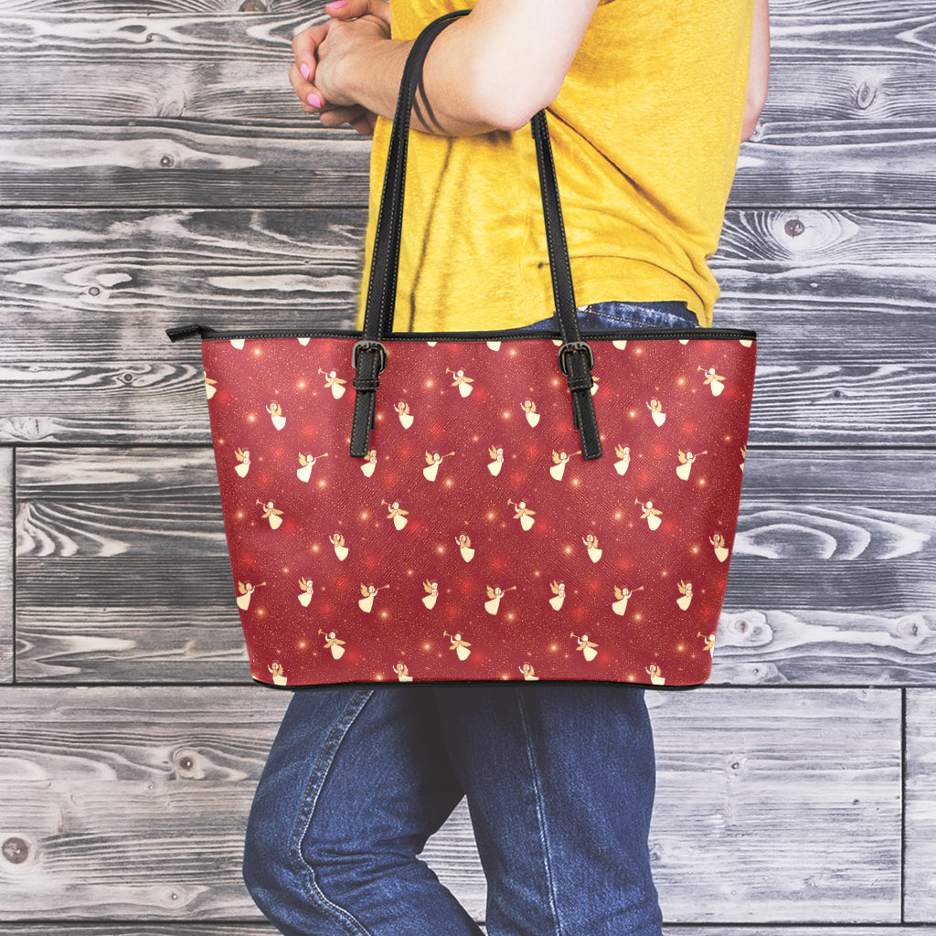 Christmas Angel Pattern Print Leather Tote Bag