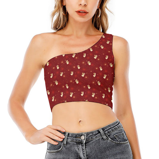 Christmas Angel Pattern Print One Shoulder Crop Top