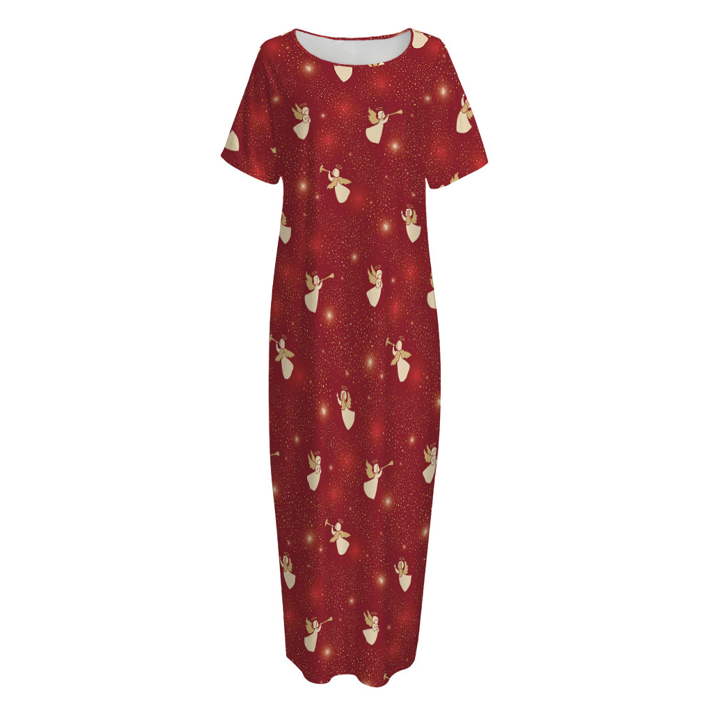 Christmas Angel Pattern Print Short Sleeve Long Nightdress