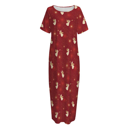 Christmas Angel Pattern Print Short Sleeve Long Nightdress