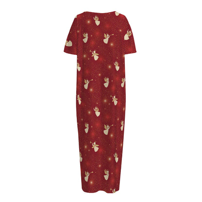 Christmas Angel Pattern Print Short Sleeve Long Nightdress