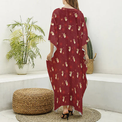 Christmas Angel Pattern Print Silk V-Neck Kaftan Dress
