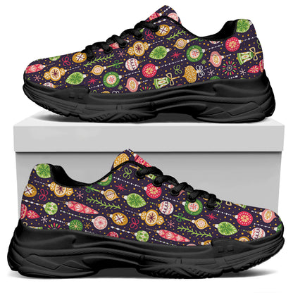 Christmas Baubles Pattern Print Black Chunky Shoes