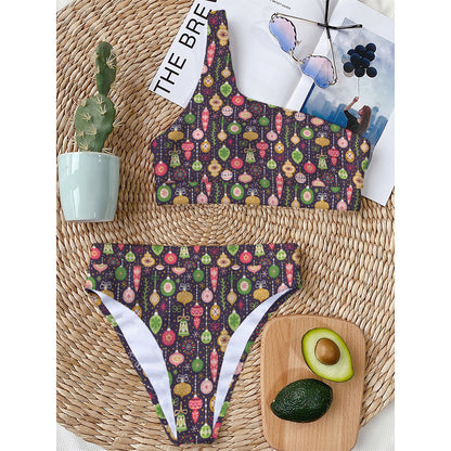 Christmas Baubles Pattern Print One Shoulder Bikini Top