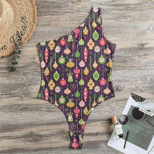 Christmas Baubles Pattern Print One Shoulder Bodysuit