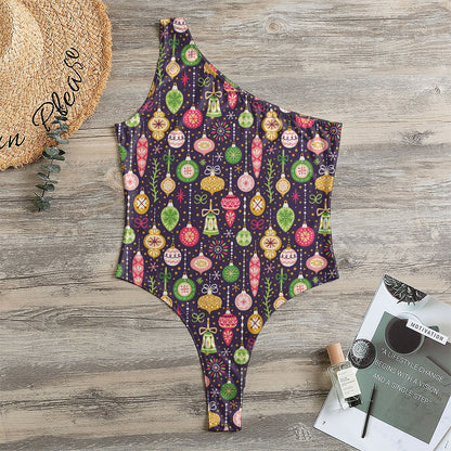 Christmas Baubles Pattern Print One Shoulder Bodysuit