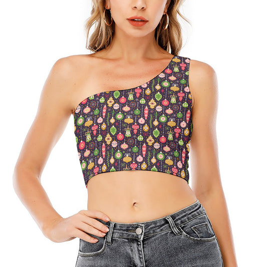 Christmas Baubles Pattern Print One Shoulder Crop Top