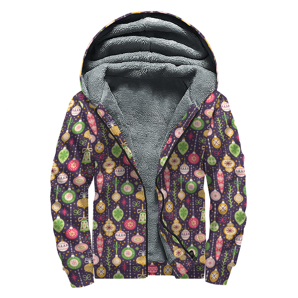 Christmas Baubles Pattern Print Sherpa Lined Zip Up Hoodie