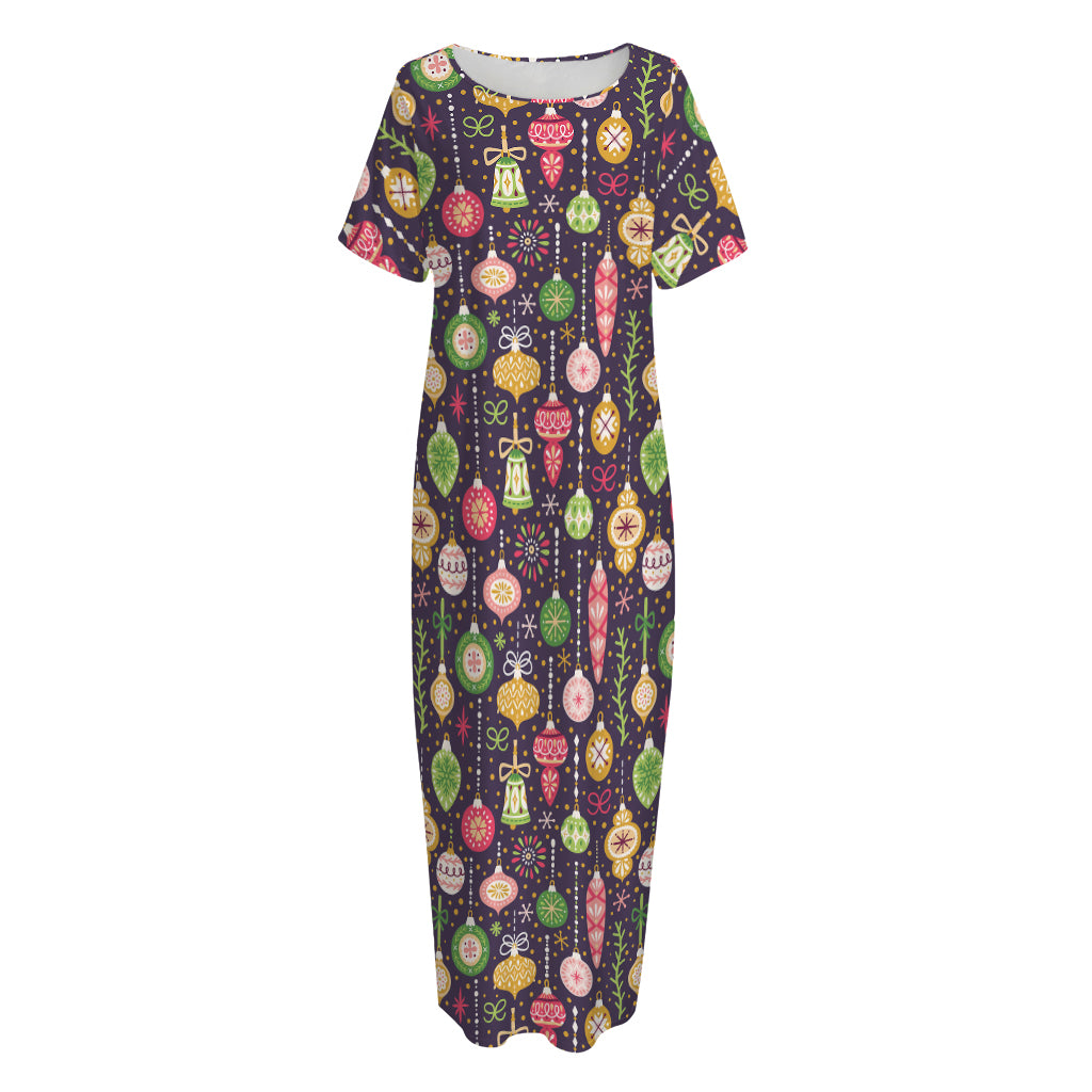 Christmas Baubles Pattern Print Short Sleeve Long Nightdress