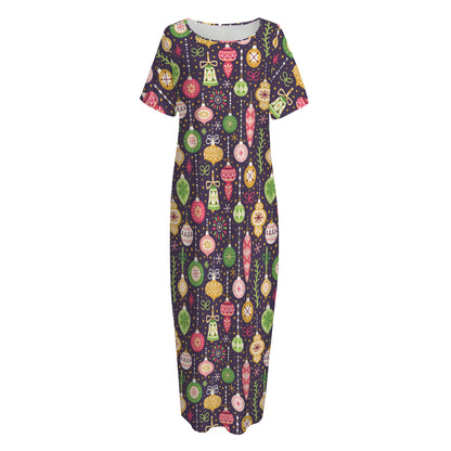 Christmas Baubles Pattern Print Short Sleeve Long Nightdress
