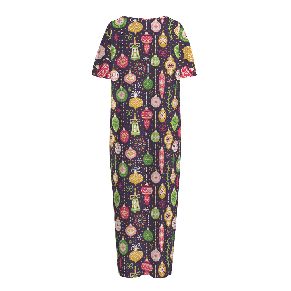 Christmas Baubles Pattern Print Short Sleeve Long Nightdress