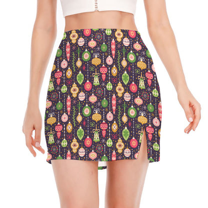 Christmas Baubles Pattern Print Side Slit Mini Skirt