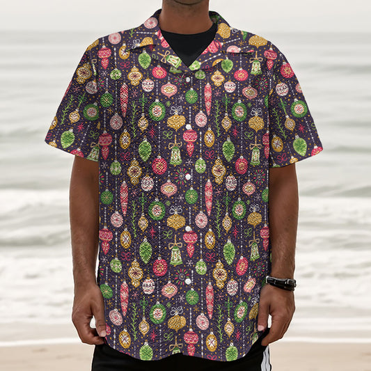 Christmas Baubles Pattern Print Textured Short Sleeve Shirt