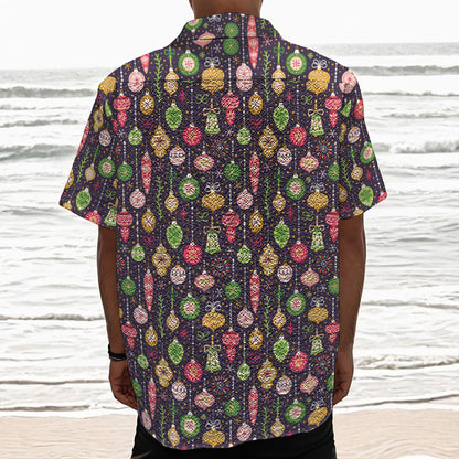 Christmas Baubles Pattern Print Textured Short Sleeve Shirt