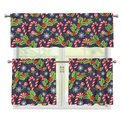 Christmas Berry And Candy Pattern Print 3 Piece Kitchen Curtains