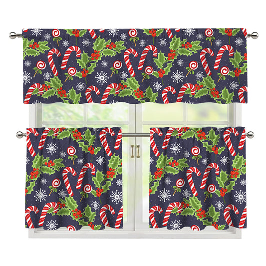 Christmas Berry And Candy Pattern Print 3 Piece Kitchen Curtains
