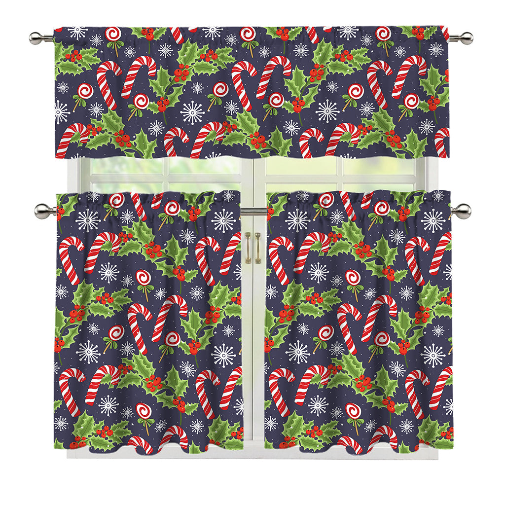 Christmas Berry And Candy Pattern Print 3 Piece Kitchen Curtains