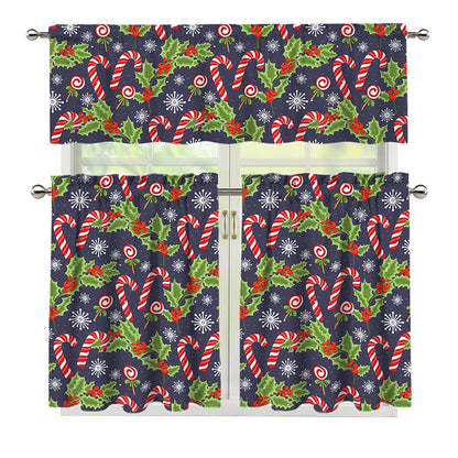 Christmas Berry And Candy Pattern Print 3 Piece Kitchen Curtains