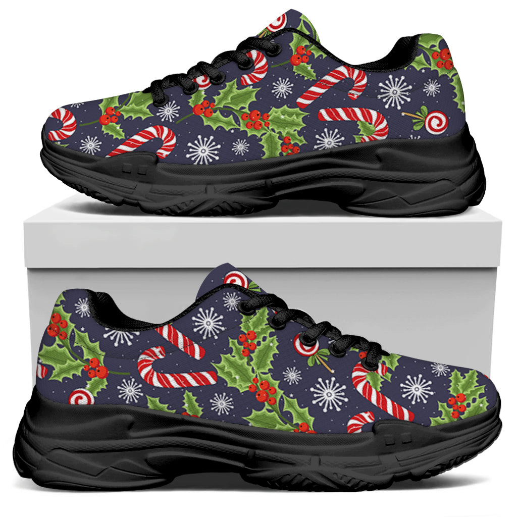 Christmas Berry And Candy Pattern Print Black Chunky Shoes