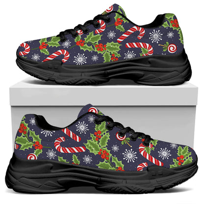 Christmas Berry And Candy Pattern Print Black Chunky Shoes