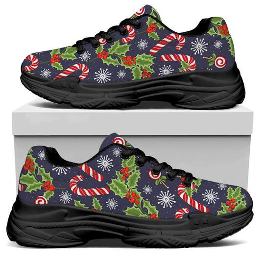 Christmas Berry And Candy Pattern Print Black Chunky Shoes