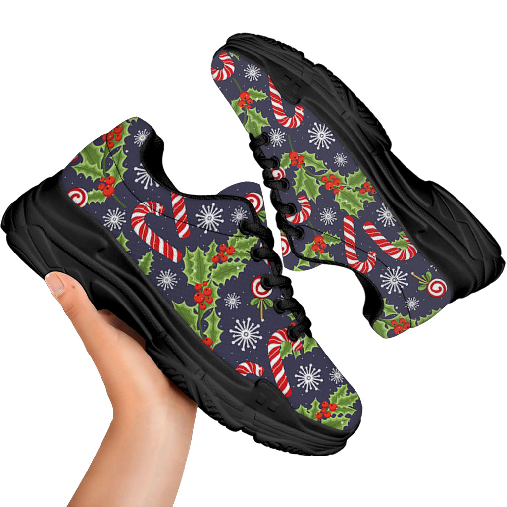 Christmas Berry And Candy Pattern Print Black Chunky Shoes