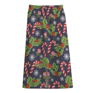 Christmas Berry And Candy Pattern Print Cotton Front Slit Maxi Skirt