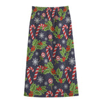 Christmas Berry And Candy Pattern Print Cotton Front Slit Maxi Skirt