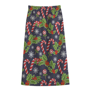 Christmas Berry And Candy Pattern Print Cotton Front Slit Maxi Skirt