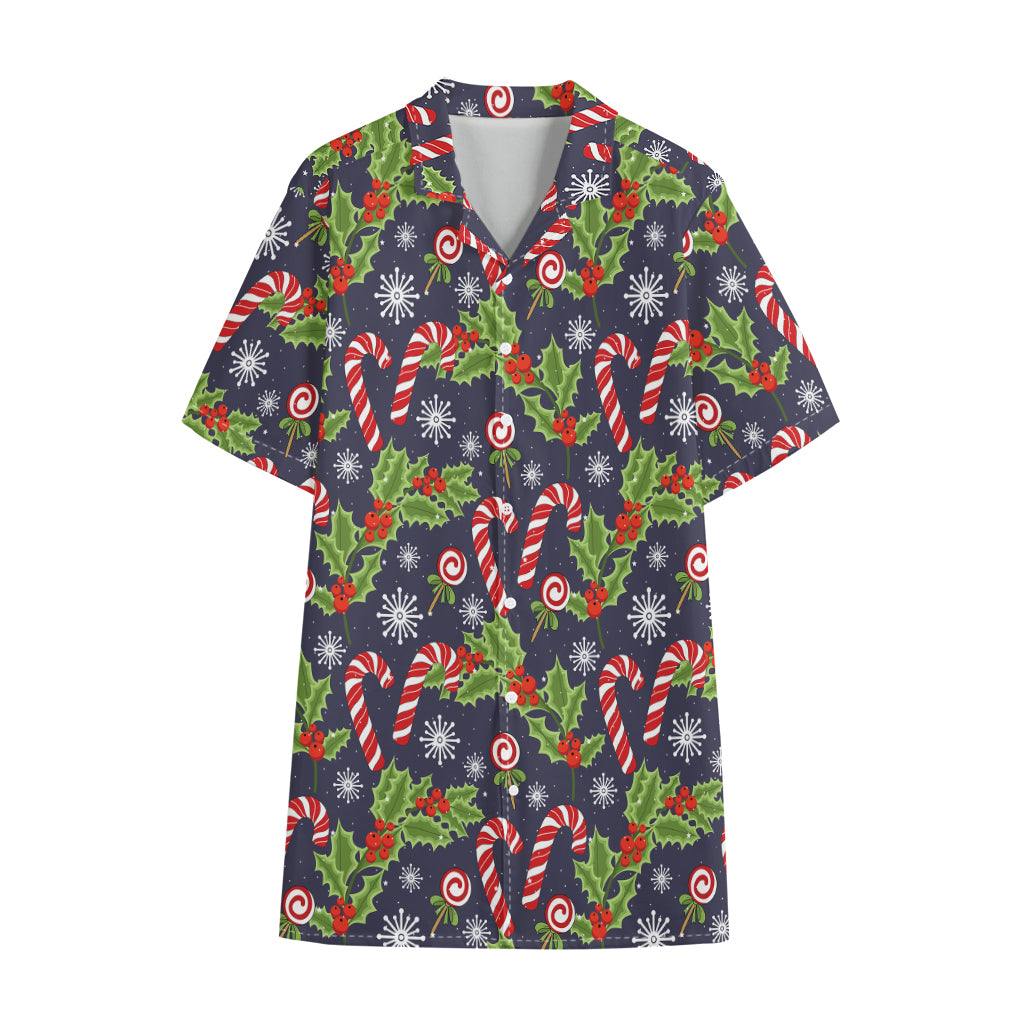 Christmas Berry And Candy Pattern Print Cotton Hawaiian Shirt