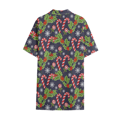 Christmas Berry And Candy Pattern Print Cotton Hawaiian Shirt