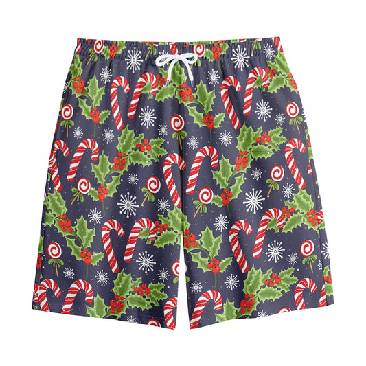 Christmas Berry And Candy Pattern Print Cotton Shorts