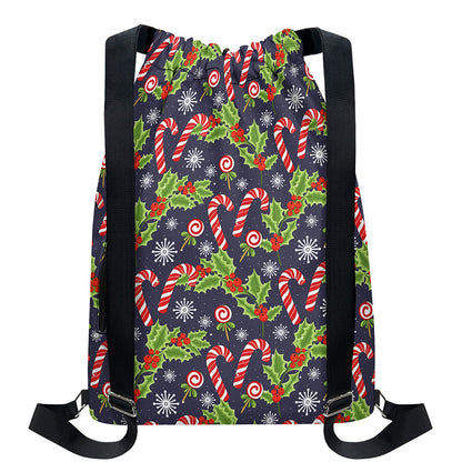 Christmas Berry And Candy Pattern Print Drawstring Backpack